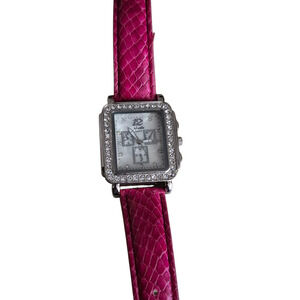 Ladies Silver toned watch Rhinestones around face Art Deco BOHO Leather band